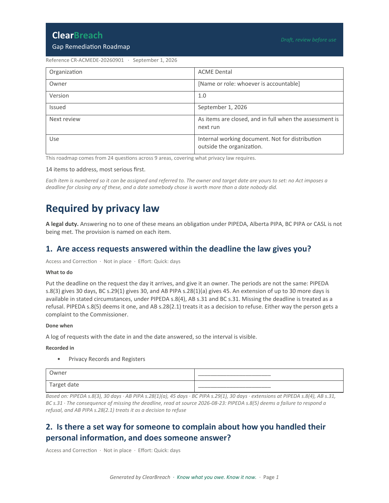 The first page of the generated gap remediation roadmap for ACME Dental, listing the gaps found in priority order with what closes each one.