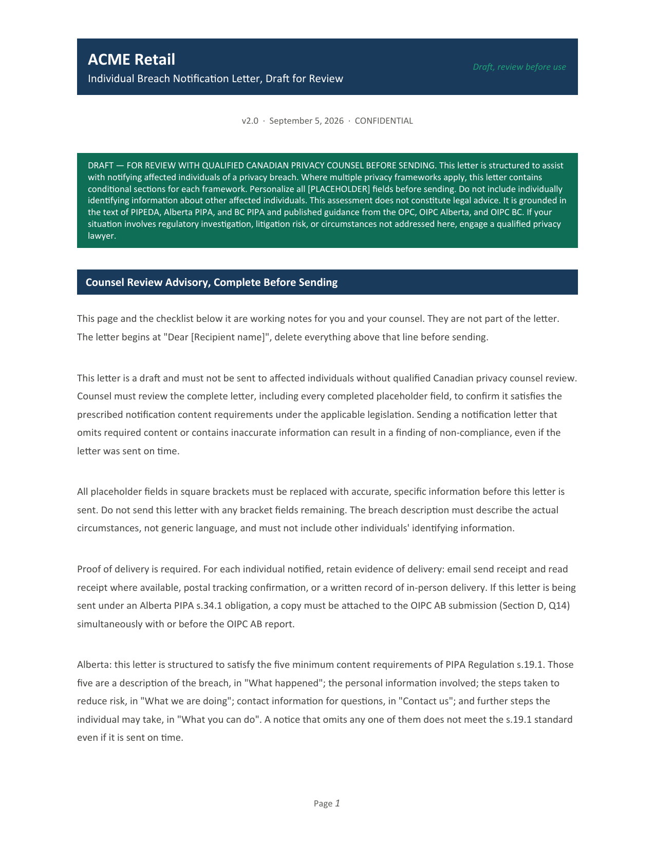 The first page of the generated individual notification letter for ACME Retail, addressed to affected customers, with a section for each framework that applies.