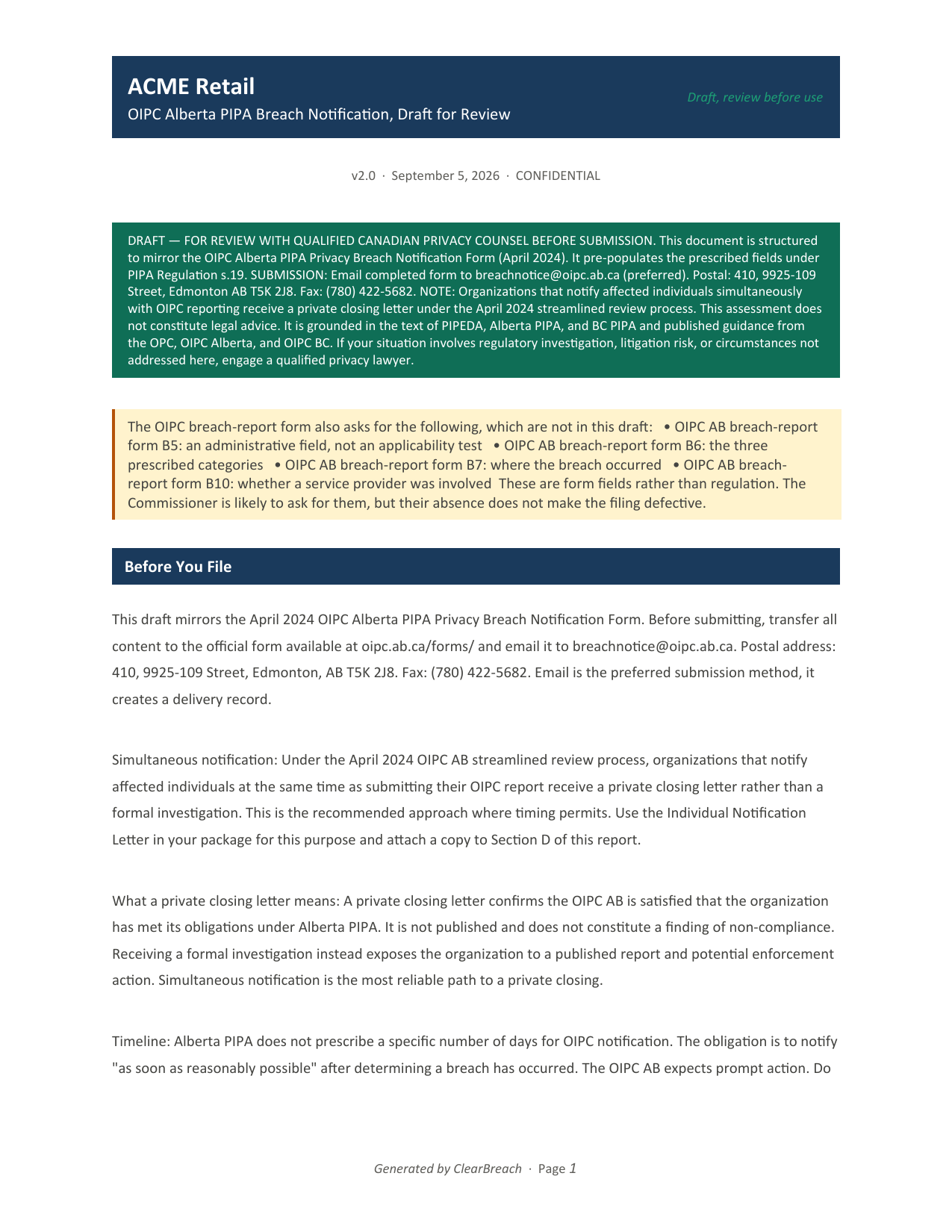 The first page of a generated OIPC Alberta PIPA breach notification report for ACME Retail, showing the submission address, the counsel-review notice, and a panel listing the form fields the Commissioner will also ask for.