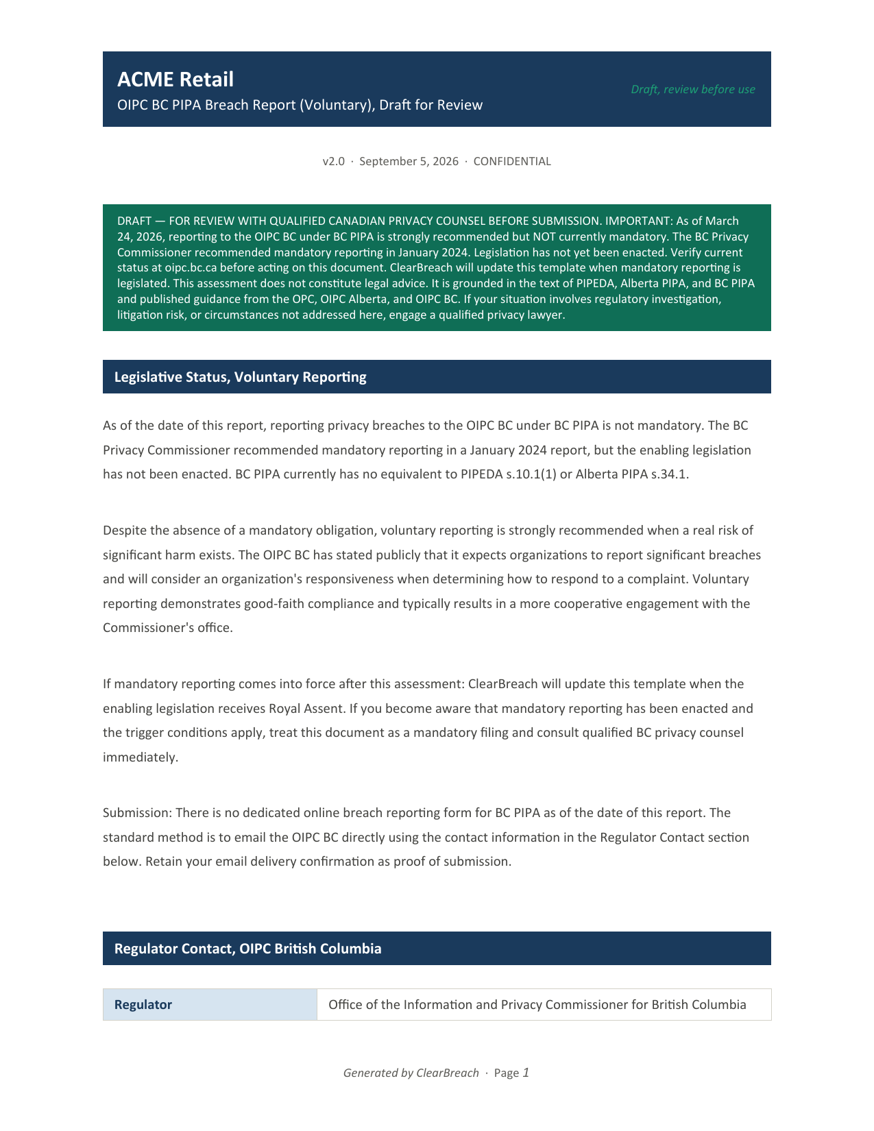 The first page of a generated OIPC British Columbia breach report for ACME Retail, prepared for a report the organization chooses to make rather than one BC PIPA compels.