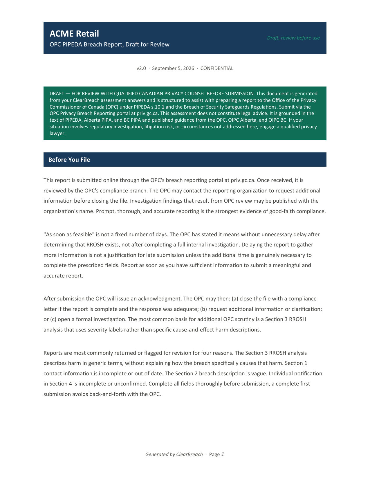 The first page of a generated PIPEDA breach report to the Office of the Privacy Commissioner of Canada for ACME Retail, showing the counsel-review notice and a "Before You File" section on how the report is submitted and what the OPC does with it.