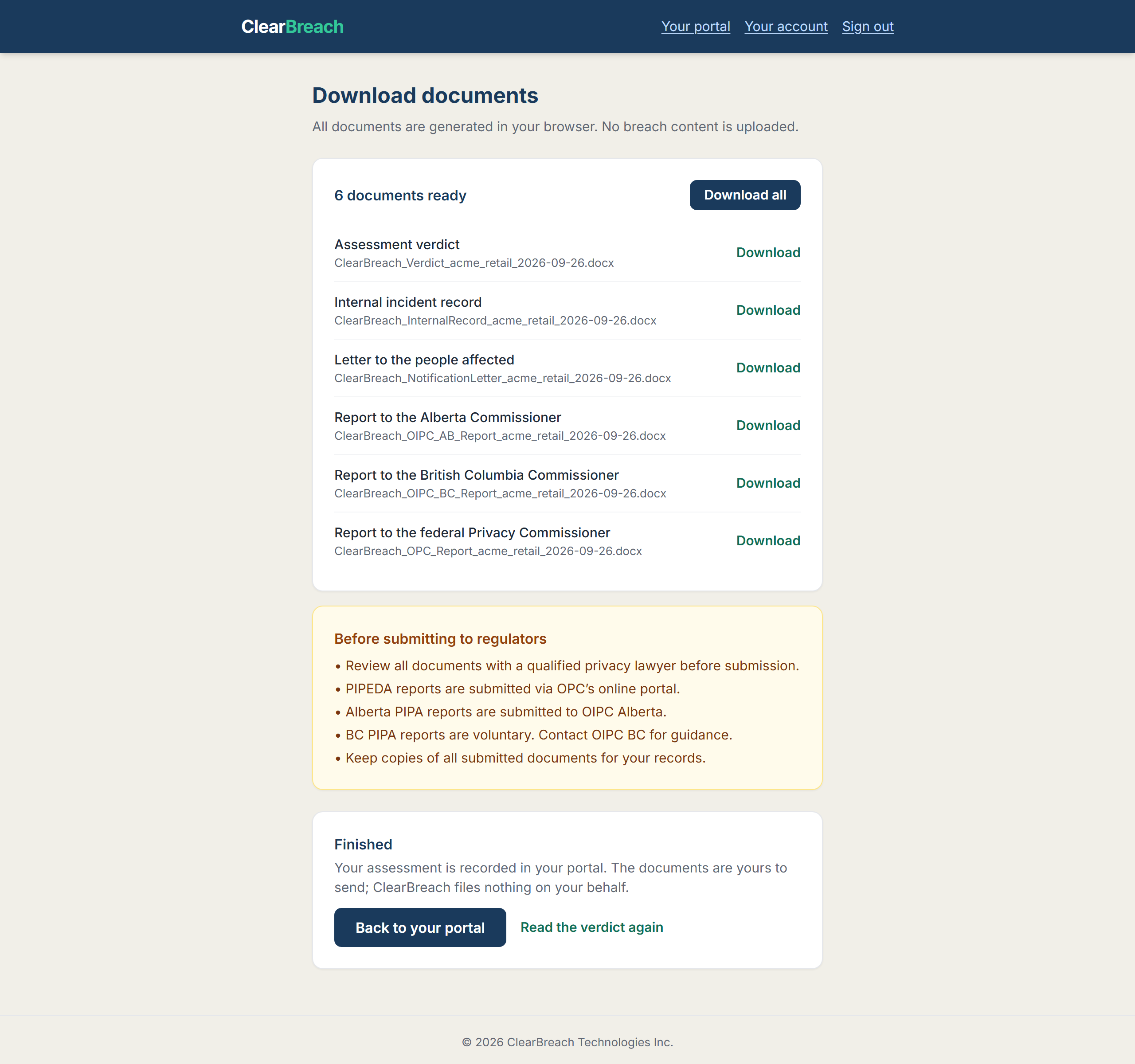 The ClearBreach download screen after an assessment: each generated document listed by name, with the regulator reports the answers triggered.