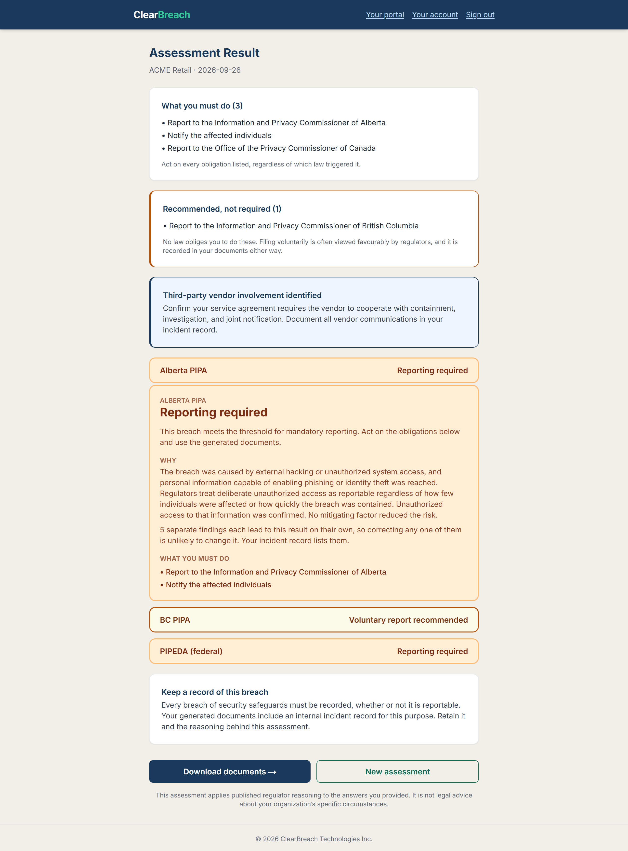 The ClearBreach verdict screen for ACME Retail: Alberta PIPA reporting required, British Columbia PIPA voluntary report recommended, PIPEDA reporting required, with the reasoning under the Alberta determination and the four obligations it triggers.