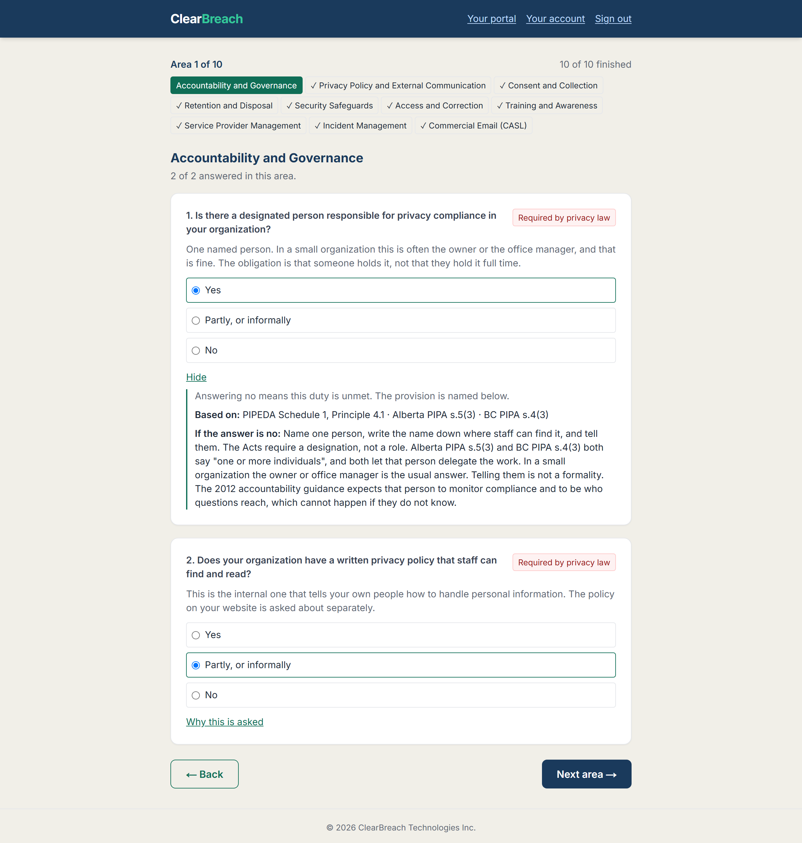 A ClearBreach compliance question with its authority panel open, showing the provision of the Act the question comes from and what to do if the answer is no.
