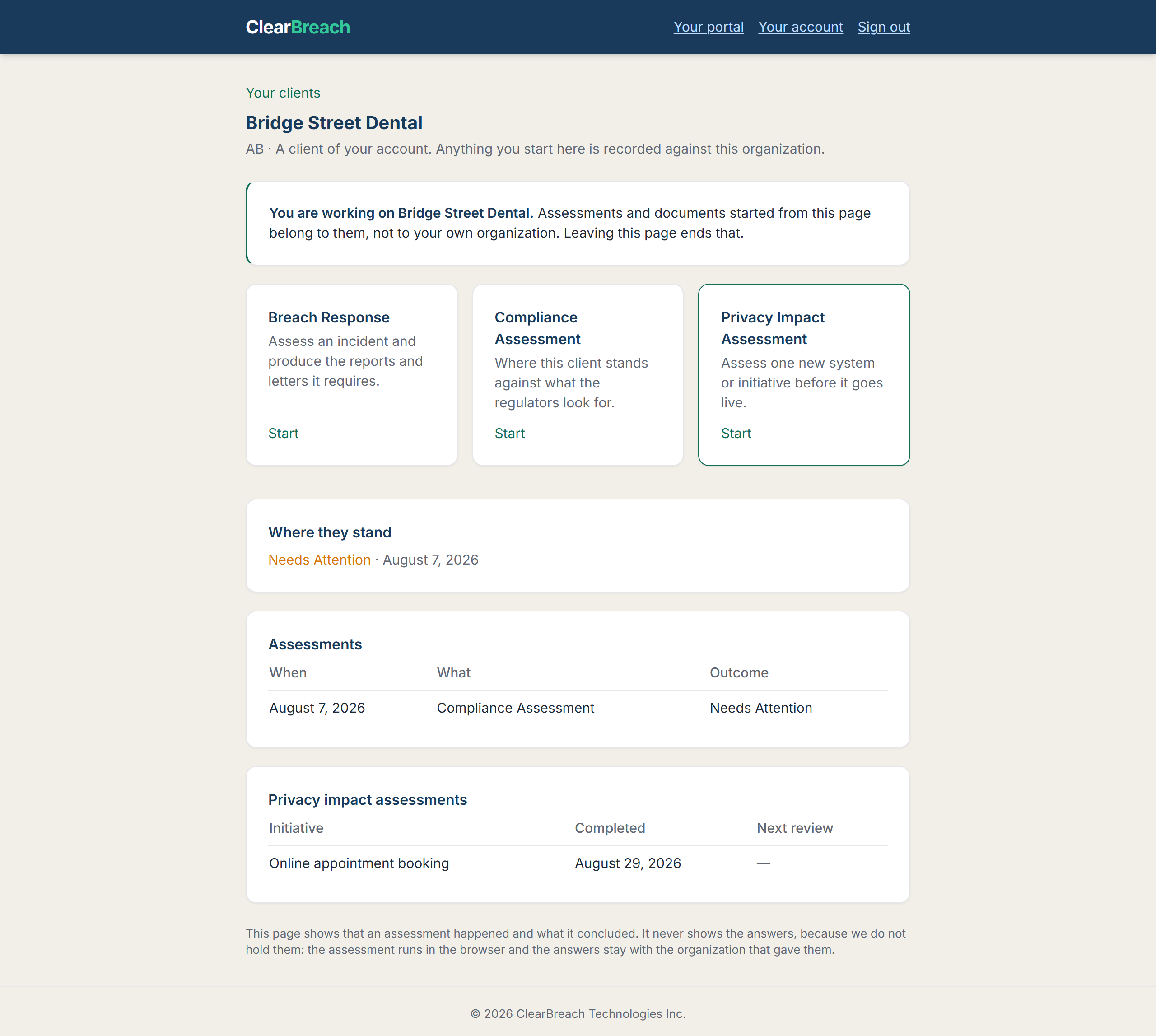 One client's page in the ClearBreach provider portal: the client's name and province, the three workflows open to them, and what they have run so far.