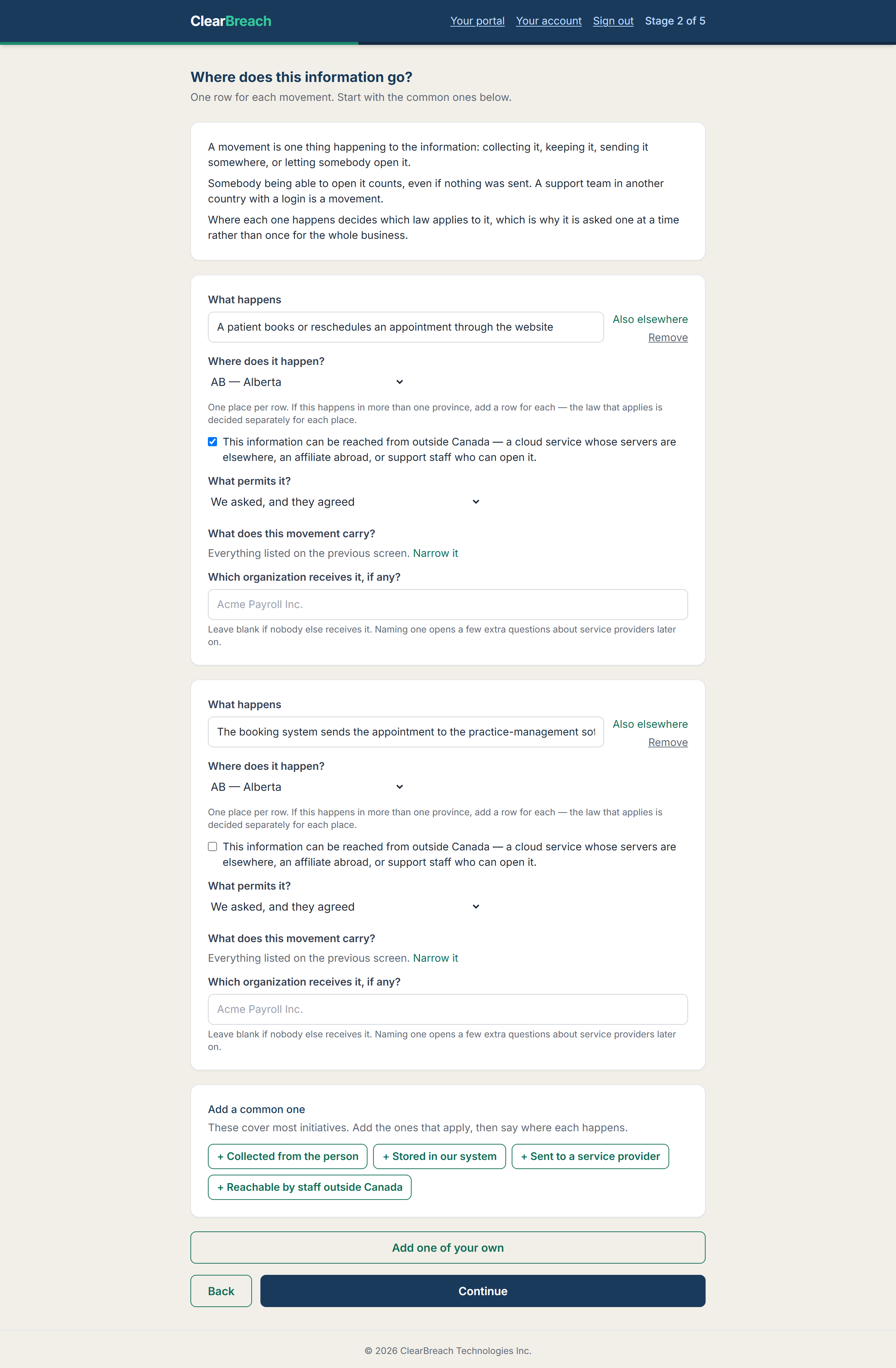 The ClearBreach privacy impact assessment flows screen: two movements of information for ACME Dental, each with the province it happens in and whether it can be reached from outside Canada.